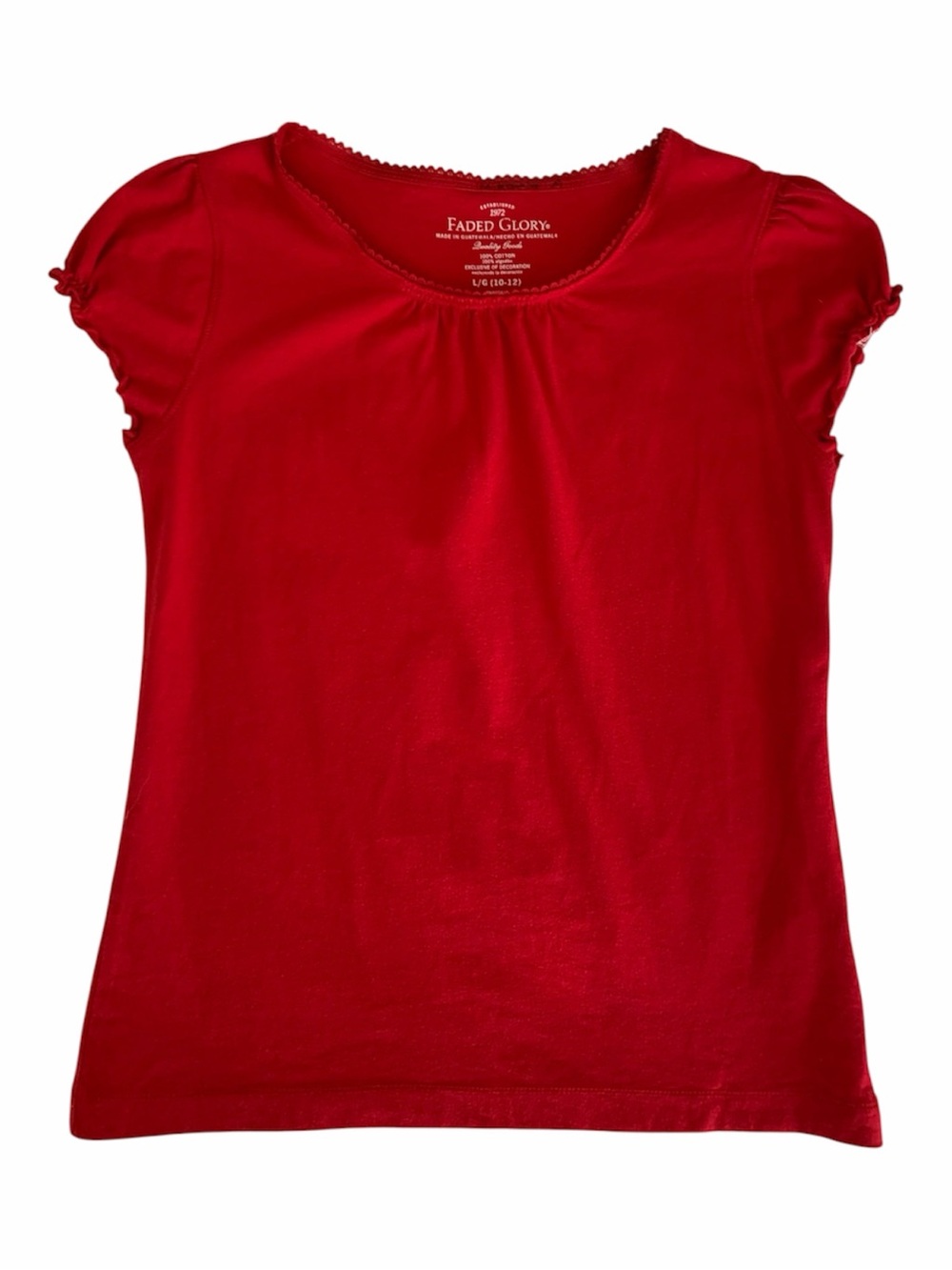 Faded Glory T Shirt Girl Size L (10-12) Red Pleated Ruffle Trim Short Cap Sleeve